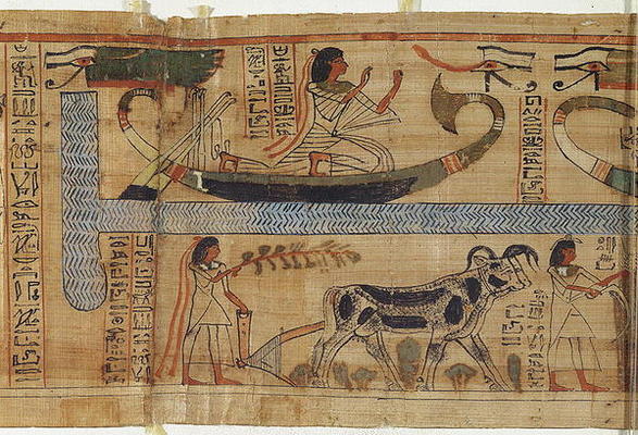 Detail from the Book of the Dead of the priest Aha-Mer depicting a barque and a farming scene, Third from Egyptian 21st Dynasty