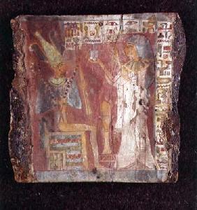 Interior of the sarcophagus of the singer, Toarnemiherti, showing the deceased offering incense to O