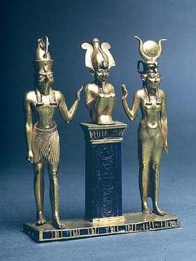 Triad of Osorkon II: Osiris flanked by Isis and Horus, Third Intermediate Period, c.874-850 BC (gold