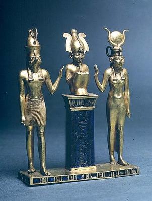 Triad of Osorkon II: Osiris flanked by Isis and Horus, Third Intermediate Period, c.874-850 BC (gold from Egyptian 22nd Dynasty