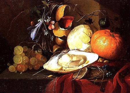An oyster, a glass of wine and fruit on a table covered with a red velvet drape from Elias van den Broeck