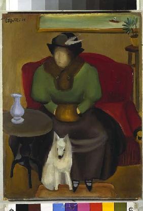 Frau im Pelz mit Hund.