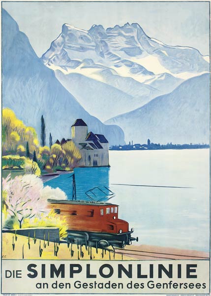 Simplonlinie', poster advertising rail travel around Lake Geneva from Emil Cardinaux