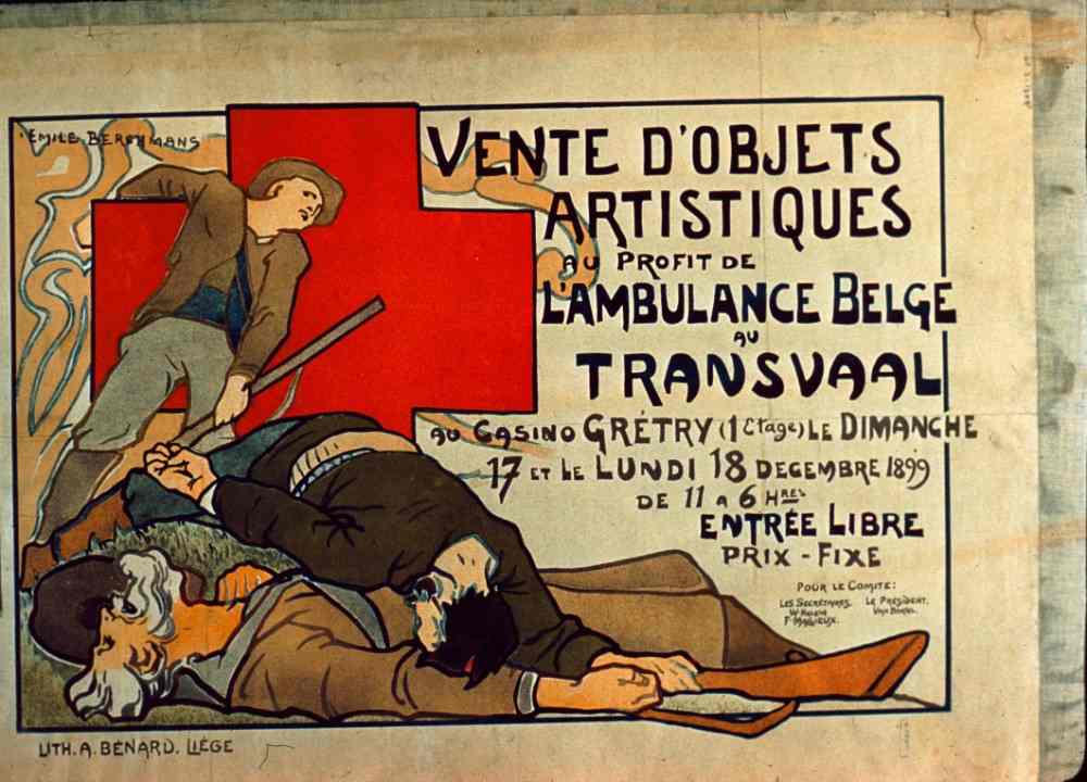 Poster advertising a sale of art objects for the benefit of the Belgian Ambulance in the Transvaal,  from Émile Berchmans