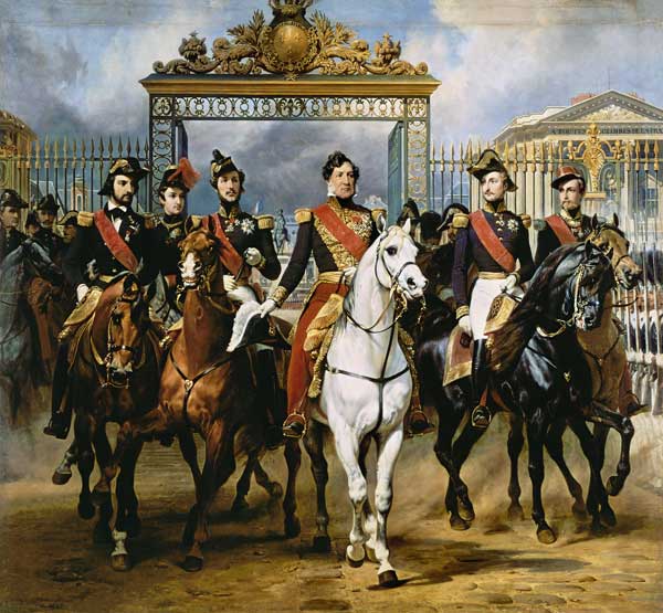 Louis Philippe und seine Söhne zu Pferde beim Verlassen von Schloss Versailles. from Emile Jean Horace Vernet