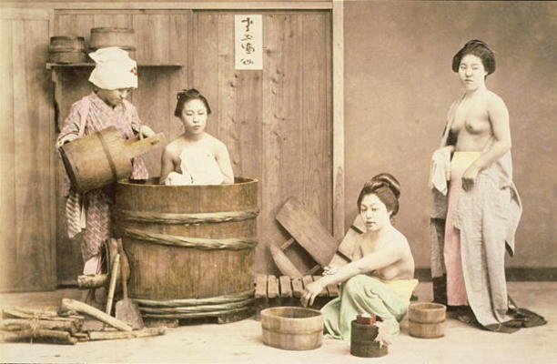 Geishas bathing, c.1880s (hand-coloured albumen print) from English Photographer, (19th century)