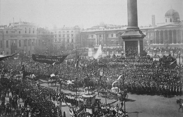 Queen Victoria (1819-1901) being driven through Trafalgar Square during her Golden Jubilee celebrati from English Photographer, (19th century)
