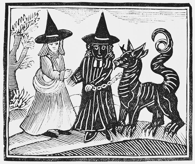 A Black and a White Witch with a Devil Animal, illustration from a collection of chapbooks on esoter from English School