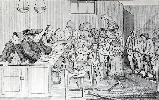 A Bond and Judgement, Sir John Fielding presiding over the Bow Street Court from English School