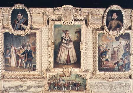 Collection of six miniatures depicting Queen Elizabeth I, figures and scenes from her life from English School