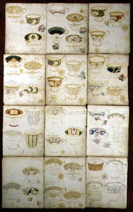 Designs for teacups produced at the Daniel Factory, Staffordshire from English School