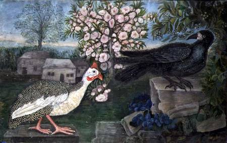 A Guinea Fowl and a Rook in a Landscape from English School