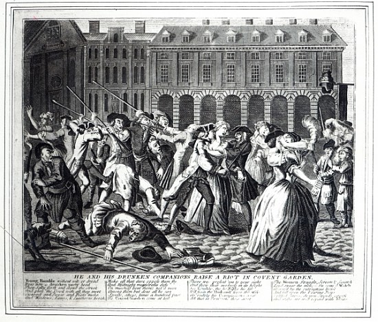 He and His Drunken Companions Raise a Riot in Covent Garden, from a pirated series based on Hogarth' from English School