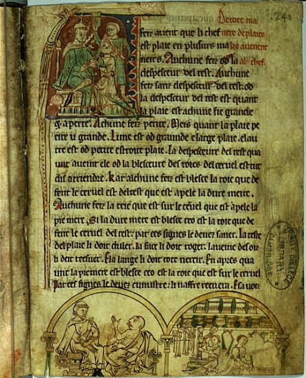 Ms.O.1.20.f.241v Jerome: A doctor visiting a patient and an apothecary, from ''De Nominibus Herbraic from English School