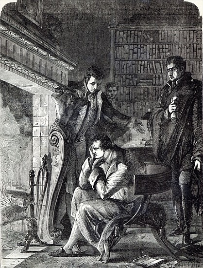 Napoleon brooding the fire the night before his Abdication and Departure from Fontainebleau on 20th  from English School