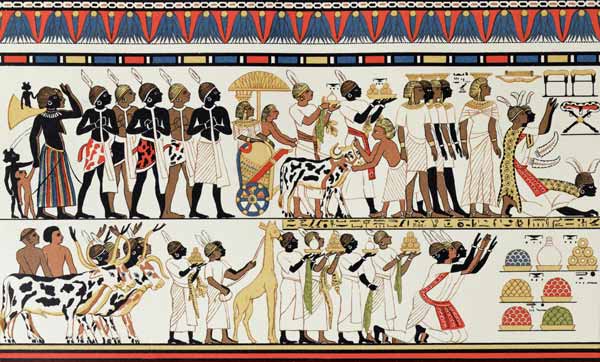 Nubian chiefs bringing presents to the King of Egypt, copy of an Ancient Egyptian wall painting from from English School