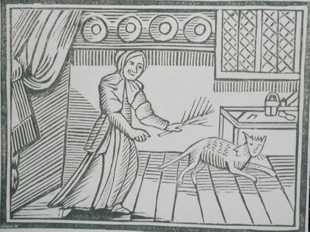 An old woman whipping her cat for catching mice on a Sunday, from a collection of chapbooks on esote from English School