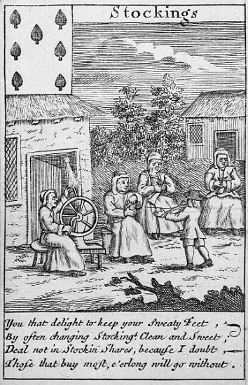 Playing Card showing workers making stockings (detail of 392627) from English School