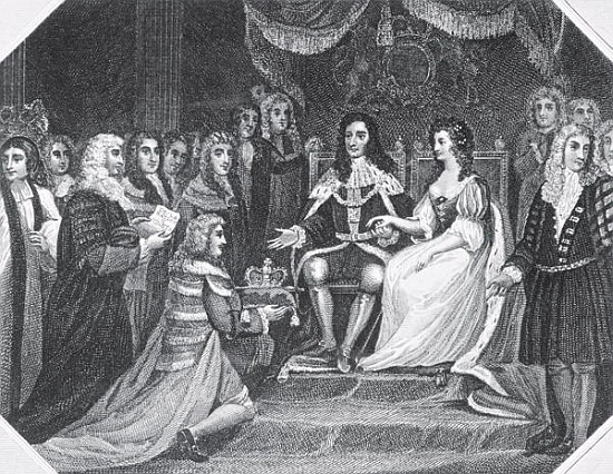 Presentation of the Bill of Rights to William III (1650-1702) of Orange and Mary II (1662-94) from English School