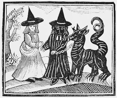 A Black and a White Witch with a Devil Animal, illustration from a collection of chapbooks on esoter