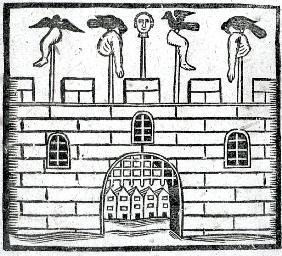 Body on spikes on the castle battlements, an illustration from ''A Book of Roxburghe Ballads''
