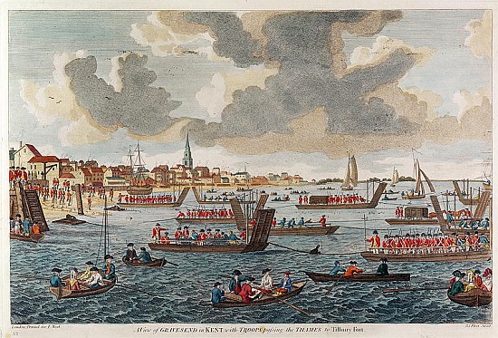 View of Gravesend with troops crossing the Thames to Tilbury Fort from English School