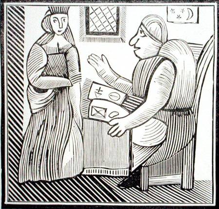 A Woman seeks guidance from the Soothsayer, copy of an illustration from 'The History of Mother Bunc from English School