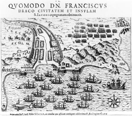 Plan Showing how Francis Drake (c.1540-96) Stormed and Held the Island of San Jacob (engraving) (b/w from English School, (17th century)