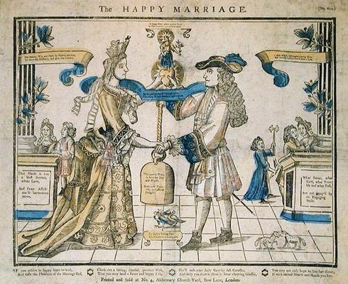 The Happy Marriage (stencil coloured woodcut) from English School, (17th century)