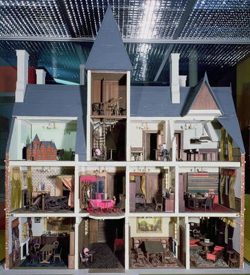 Interior of Victorian Gothic doll's house, 1875 (mixed media) from English School, (19th century)