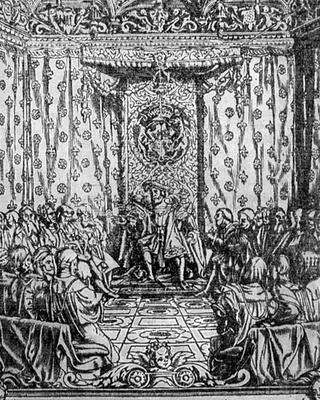 King Henry VIII (1491-1547) in Parliament, from a contemporary print (engraving) from English School, (19th century)