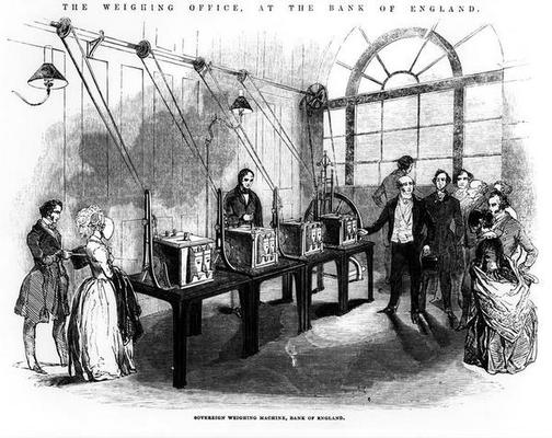 Sovereign Weighing Machine, Bank of England (engraving) (b/w photo) from English School, (19th century)