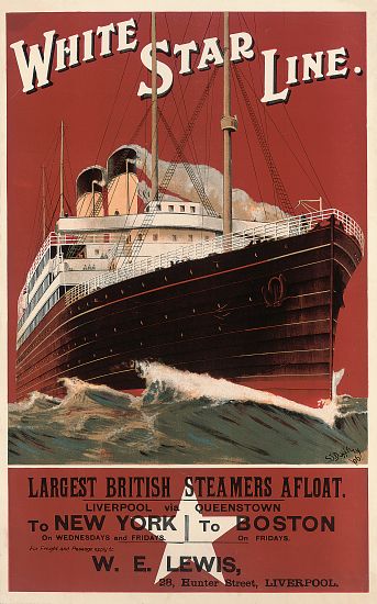 Poster advertising routes to New York and Boston with the shipping company White Star Line from English School, (20th century)