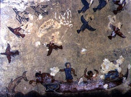 Fishermen in a boat and birds flying, from the Tomb of Fishing and Hunting from Etruscan