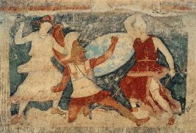 Two Amazons in combat with a Greek, from Tarquinia