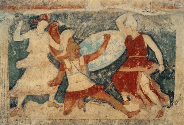 Two Amazons in combat with a Greek, from Tarquinia from Etruscan
