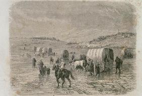 A Wagon Train Heading West in the 1860s, engraved by Stephane Pannemaker (1847-1930) (engraving)