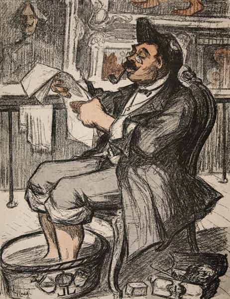 A government official reading his newspaper with a footbath, illustration from ''L''assiette au Beur from Eugene Cadel