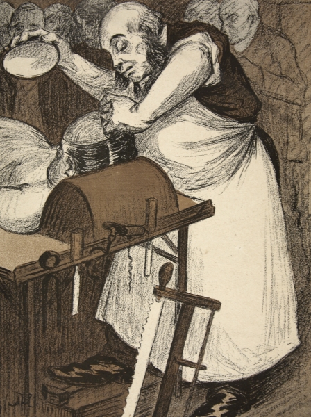 A coroner examining the head of a corpse, illustration from ''L''assiette au Beurre: Les Fonctionnai from Eugene Cadel
