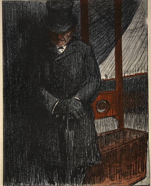 An undertaker awaits his next victim by the guillotine, illustration from ''L''assiette au Beurre: L from Eugene Cadel