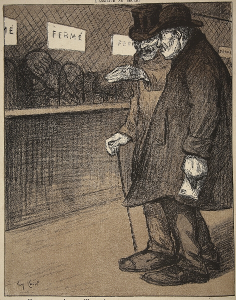 Two elderly gentlemen walking past closed counters, illustration from ''L''assiette au Beurre: Les F from Eugene Cadel
