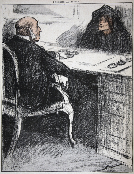 Widow with a justice official, illustration from ''L''assiette au Beurre: Les Fonctionnaires'', 9th  from Eugene Cadel