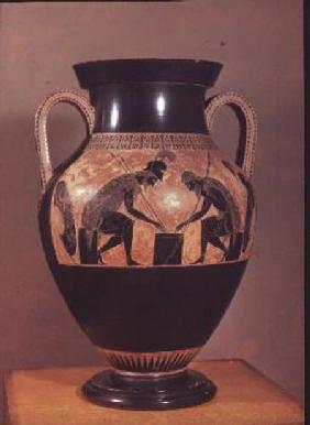 Amphora decorated in black-figure painting signed