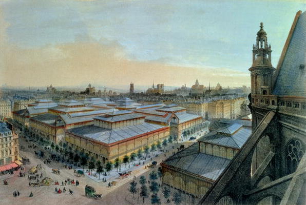 View of Les Halles in Paris taken from Saint Eustache upper gallery, c. 1870-80 (colour litho) from Felix Benoist