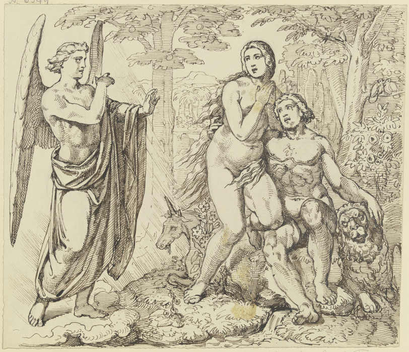 Ein Engel überbringt Adam und Eva Gottes Verbot, vom Baum der Erkenntnis des Guten und Bösen zu esse from Ferdinand Fellner