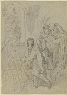 Giotto, von zwei vornehmen Florentinern beim Malen bewundert