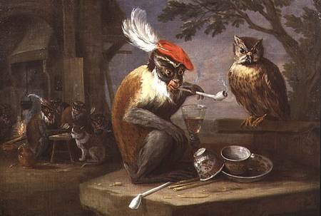 A monkey smoking and drinking with an owl from Ferdinand van Kessel