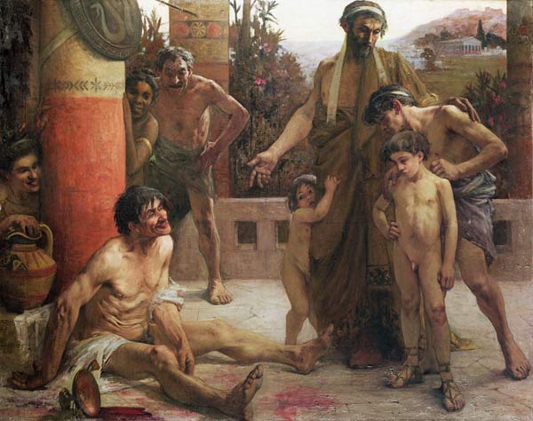 A Spartan points out a drunken slave to his sons, 1900 (oil on canvas)  from Fernand Sabbate