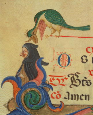 Missal 515 42r A fantastical bird perched above a cloaked figure, detail of decorated initial 'R' an from Filippo di Matteo Torelli