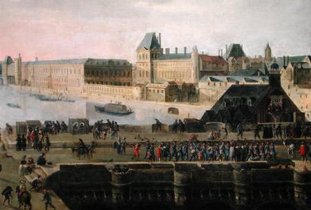 View of the Pont-Neuf and the River Seine looking downstream, detail of the bridge and the Louvre from Flemish School